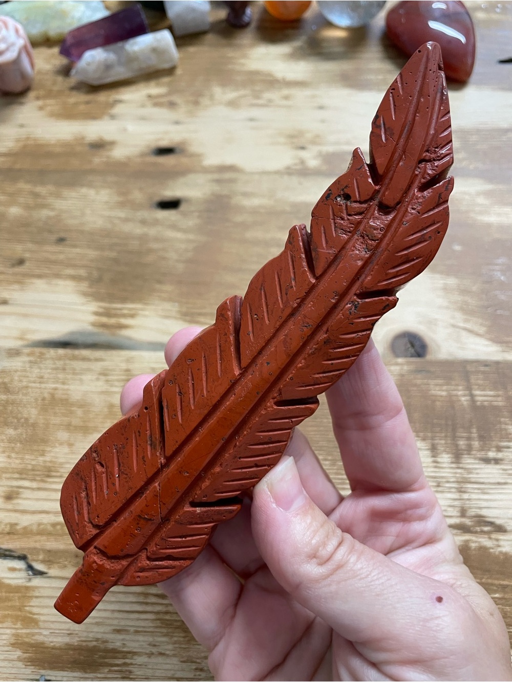 Carved Red jasper crystal Feather Decor Accent